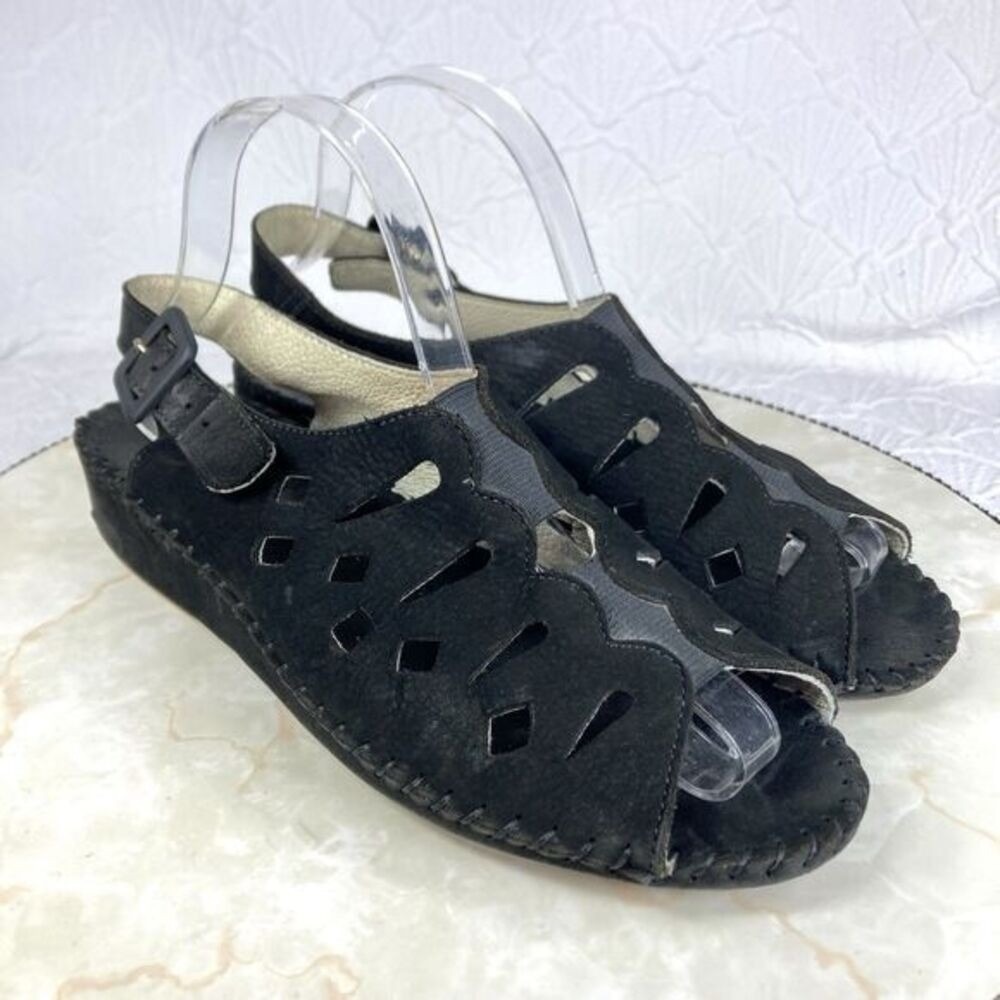 La Plume Nubuck Leather Cut Out Sandals Womens 9.5-10 Black Comfort Travel Shoes